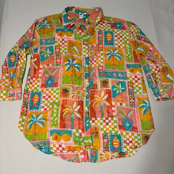 Violet Sky Tropical Patchwork Blouse Women’s 2X Colorful Palm Tree Print Shirt - Picture 7 of 11